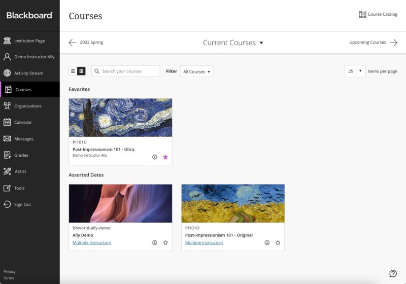 The new Blackboard homepage is clean and simple. It has a nice sidebar on the side with items like "Courses", "Calendar", "Messages", and "Grades". The main section of the page has a tile for each class
