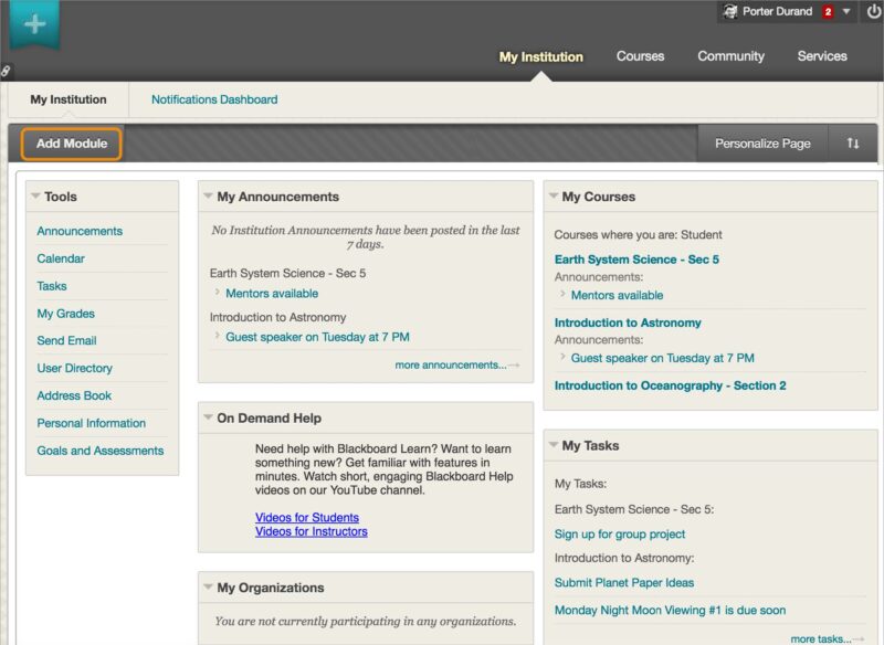 The current Blackboard homepage is cluttered, complex, and busy with modules everywhere.